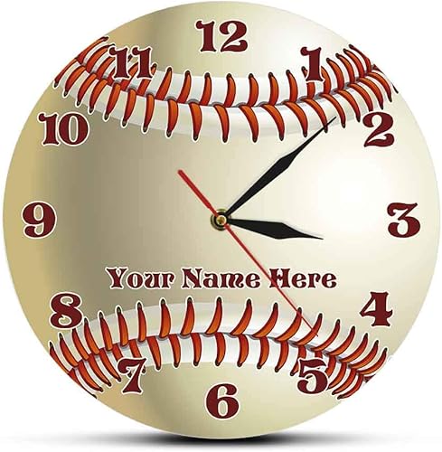 The Geeky Days Reloj de pared con diseño de béisbol, decoración de pared para sala de deportes, personaliza tu nombre, reloj de cuarzo silencioso de