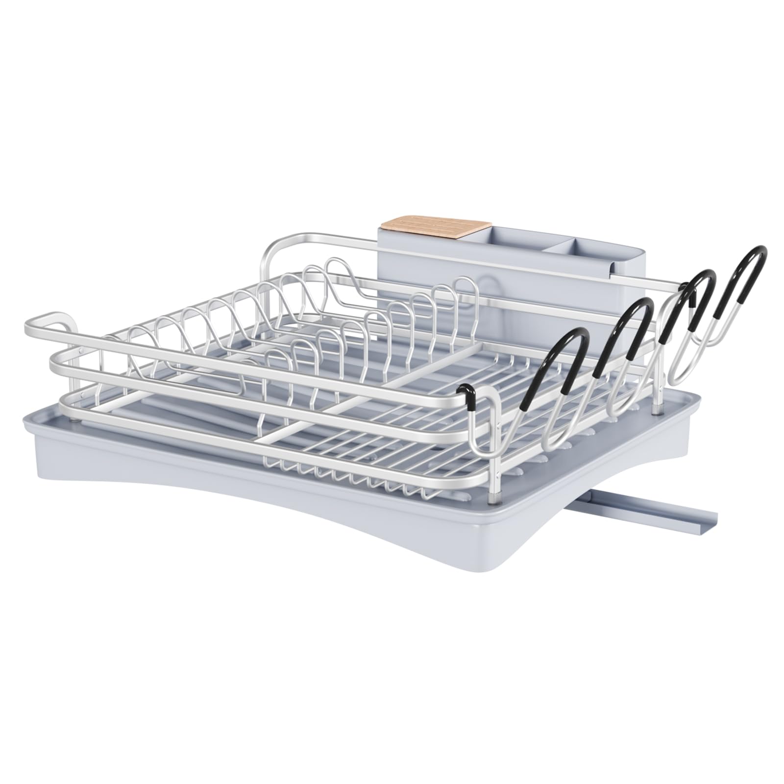 BRIAN & DANY Aluminum Dish Drying Rack, Dish Drainer with Removable Cutlery Holder & Cup Holder, Unique 360° Swivel Spout Drain Board, Grey