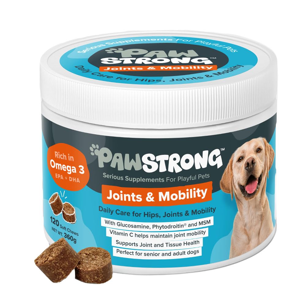 PawStrong Joints & Mobility Soft Chew Dog Supplements, Daily Care for Hips Joints and Mobility with Glucosamine, Phytodroitin
