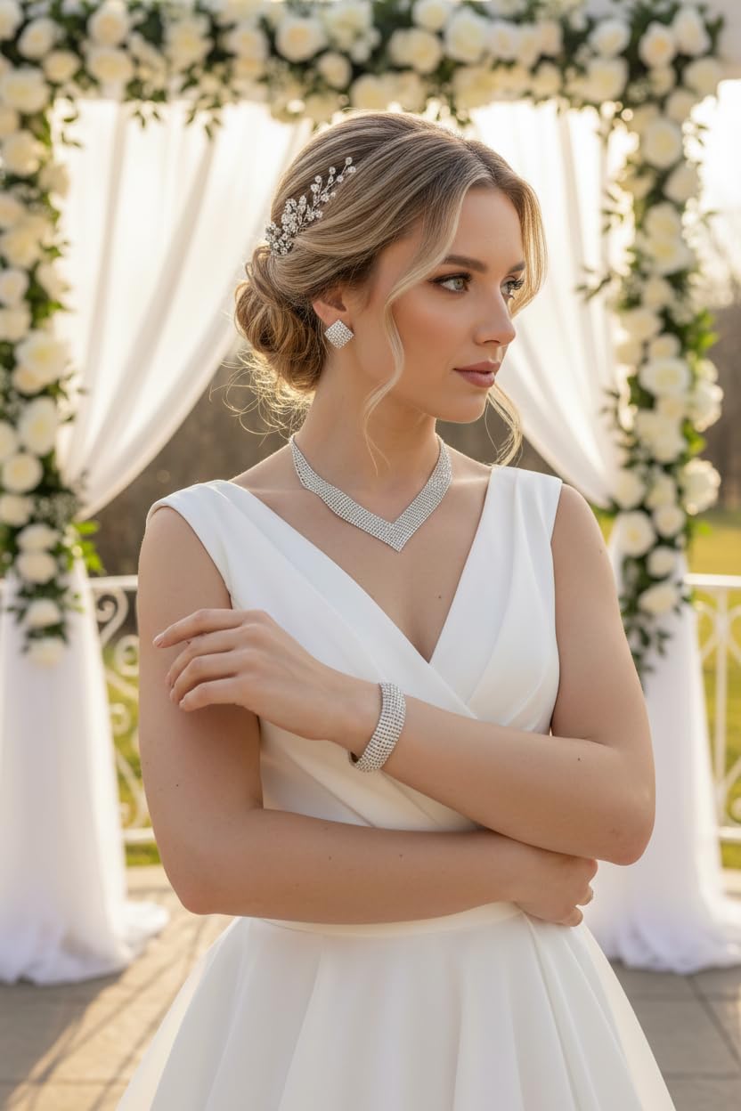 XXL Schmuckset Damen Silber – 3-teiliges Strass Collier Halskette Ohrringe & Armband – Glitzertraum Brautschmuck für Hochzeit Abiball Jugendweihe Kommunion Ball
