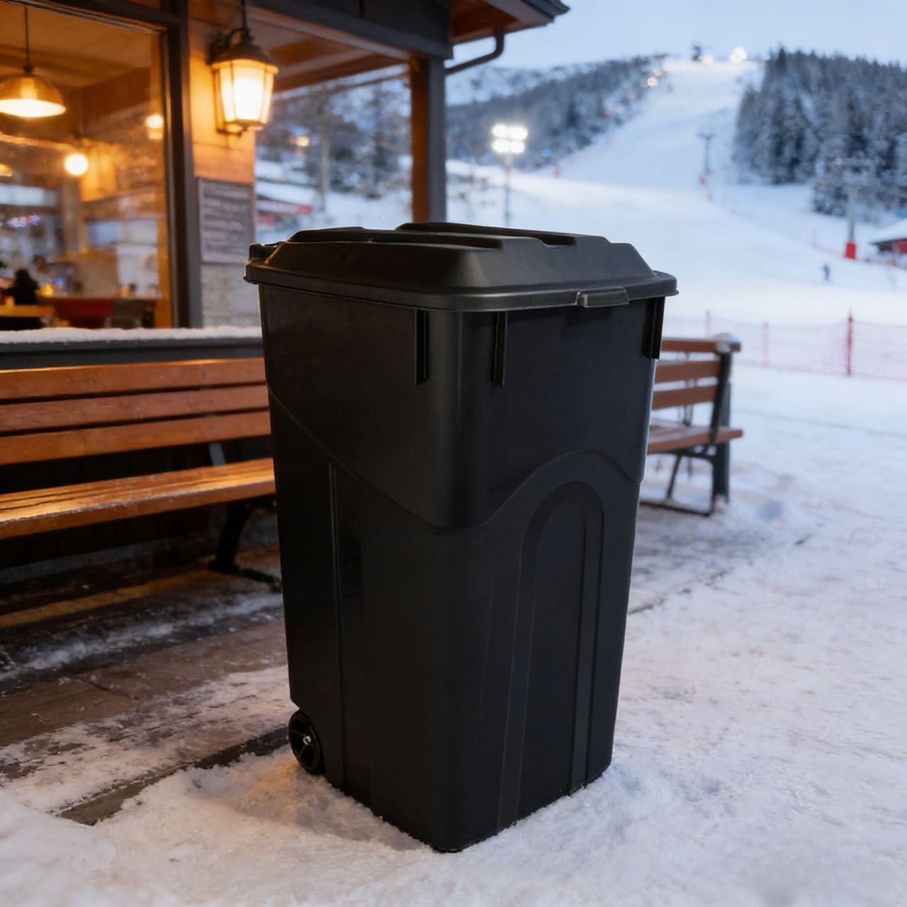 45 Gallon Wheeled Garbage Can, Attached Lid, Black