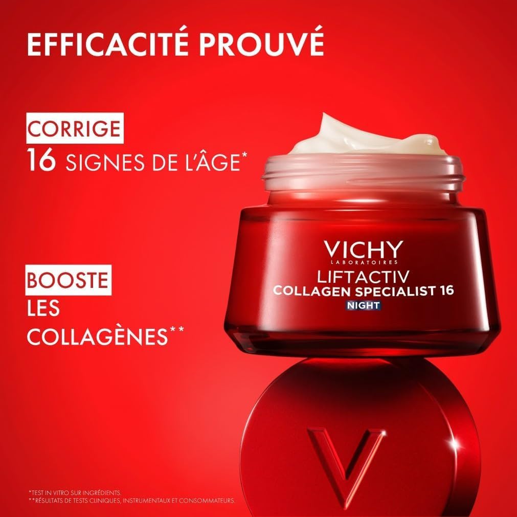 Vichy - Liftactiv Collagen Specialist - Crème de Nuit Anti-Age - Booste La Production de Collagène - Crème Visage Femme - Enrichie en Rhamnose et Acide Hyaluronique - Testé dermatologiquement