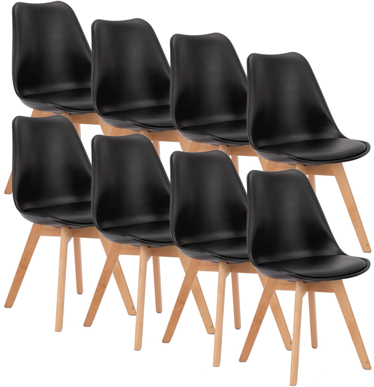 OLIXIS Dining Chairs Set of 8 Kitchen Mid Century Modern Chairs with Wood Legs and PU Leather Cushion for Living Room Bedroom Outdoor Lounge, Black