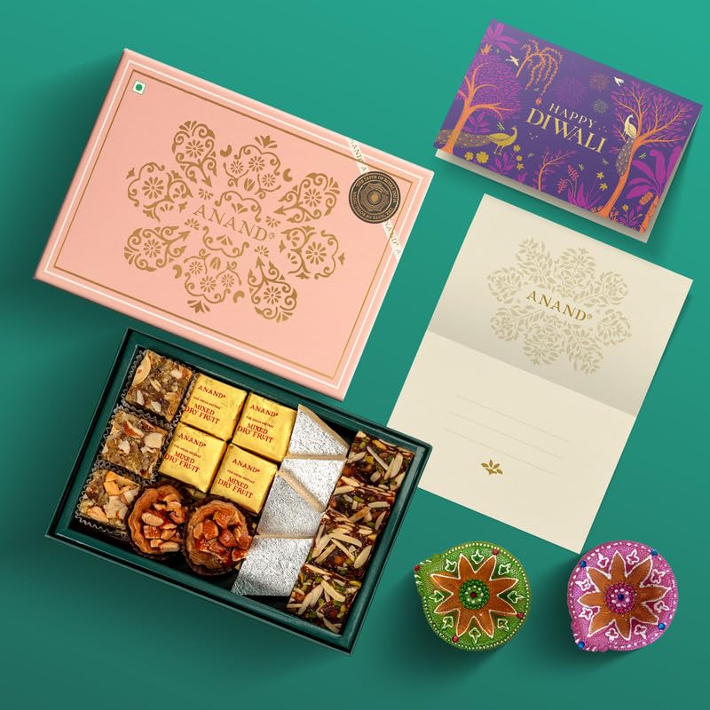 ANAND Royal Delicacies Diwali Assorted Sweets Gift Box | Pure Ghee Indian Mithai Box, Kaju Katli, Anjeer Dry Fruit Burfi, Baklava, Kardant, Meetaaz with Diya and Card | For Family and Friends| 350 gm