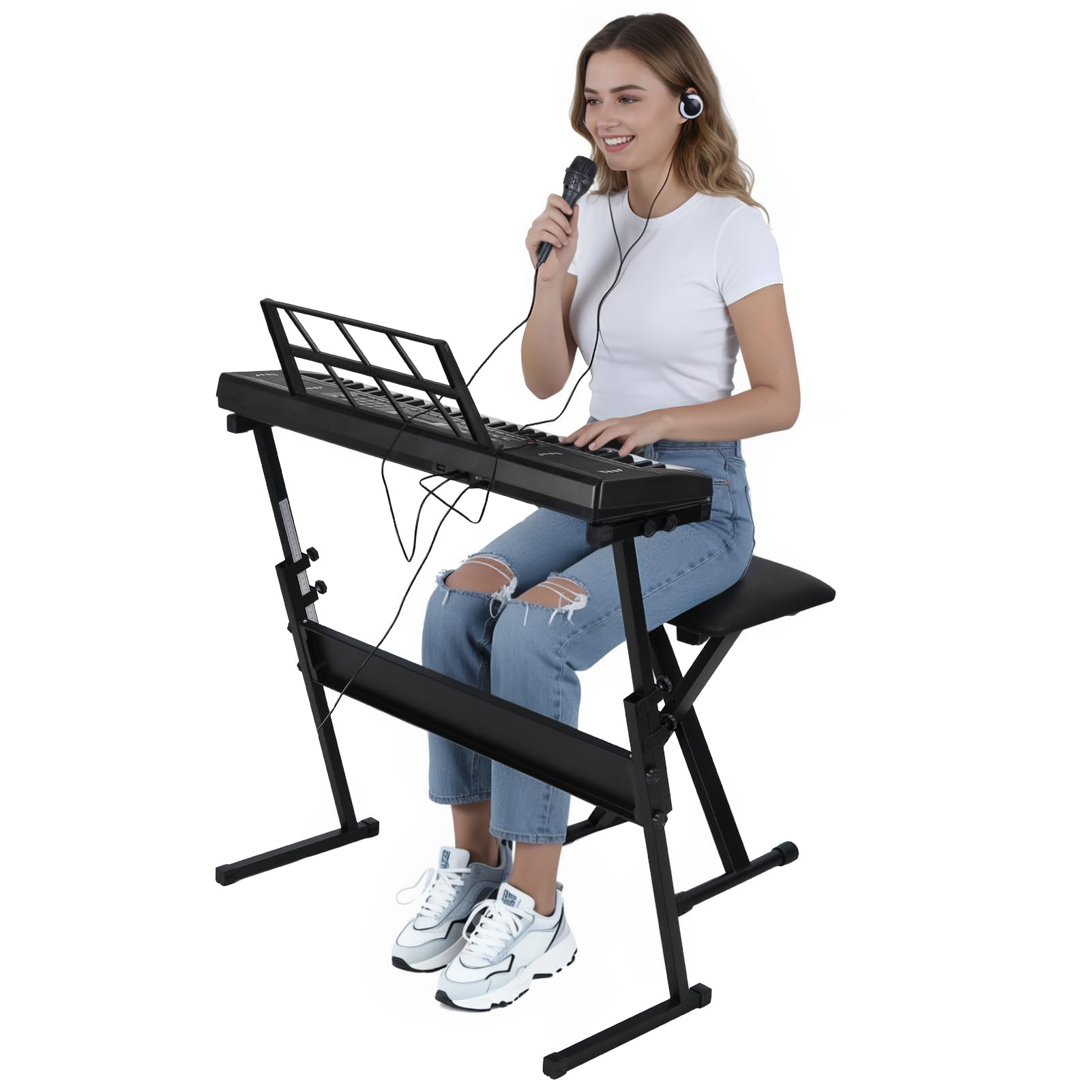 61 Tasten Keyboard mit Leuchttasten, Lautsprecher, Kopfhörer, Mikrofon, Notenständer & Hocker, 300 Klangfarben Rhythmen, Lernkeyboard Digitalpiano für Anfänger (Schwarz)