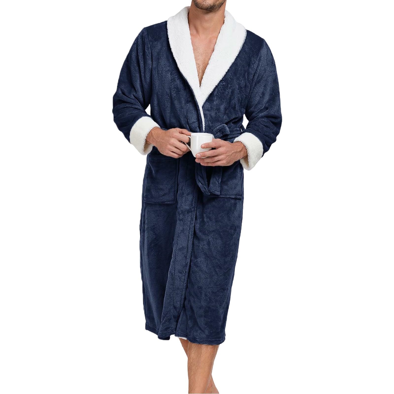 Generisch Pyjama long en flanelle pour homme - Robe de chambre longue avec bretelles - Robe de nuit avec poches - Peignoir douillet - Vêtement de maison décontracté