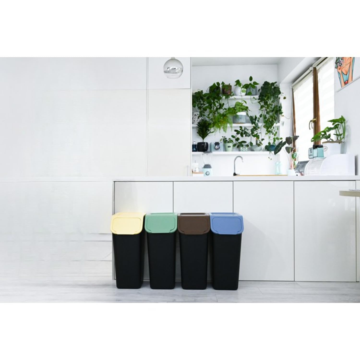 BINI Selektywne sortowanie pojemników 4 x 35 L kosze na śmieci z recyklingu do układania w stosy filtry węglowe antyzapachowe kompaktowa konstrukcja kuchnia dom plastik papier ścierny bioodpady