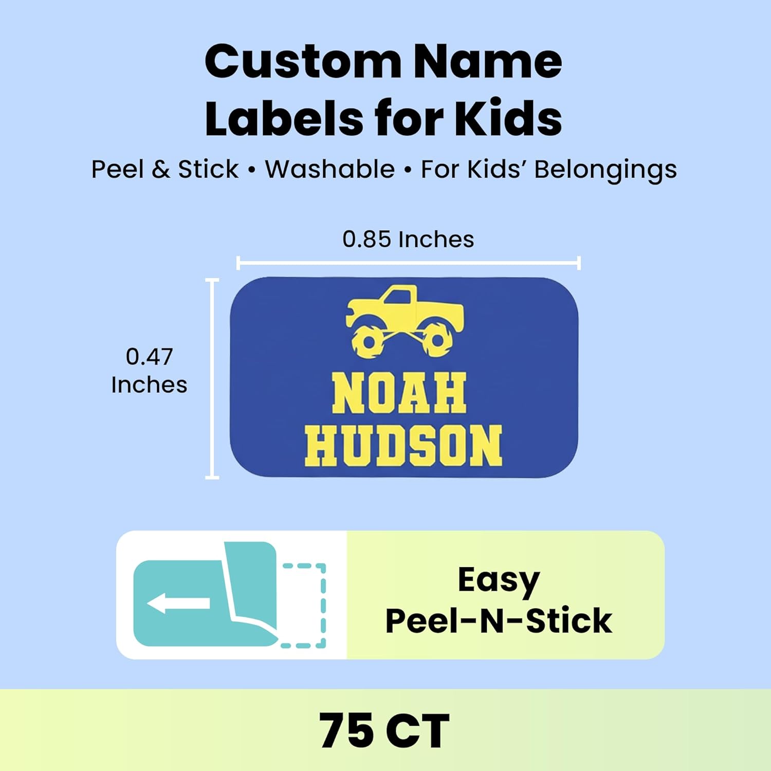 Label Daddy Personalized Waterproof Name Extra Small Labels for Boys – Custom Kid's Labels for School & Camp – No Iron Needed – Durable for Bottles, Backpacks, Shoes & More – 75 Ct | Truck Design