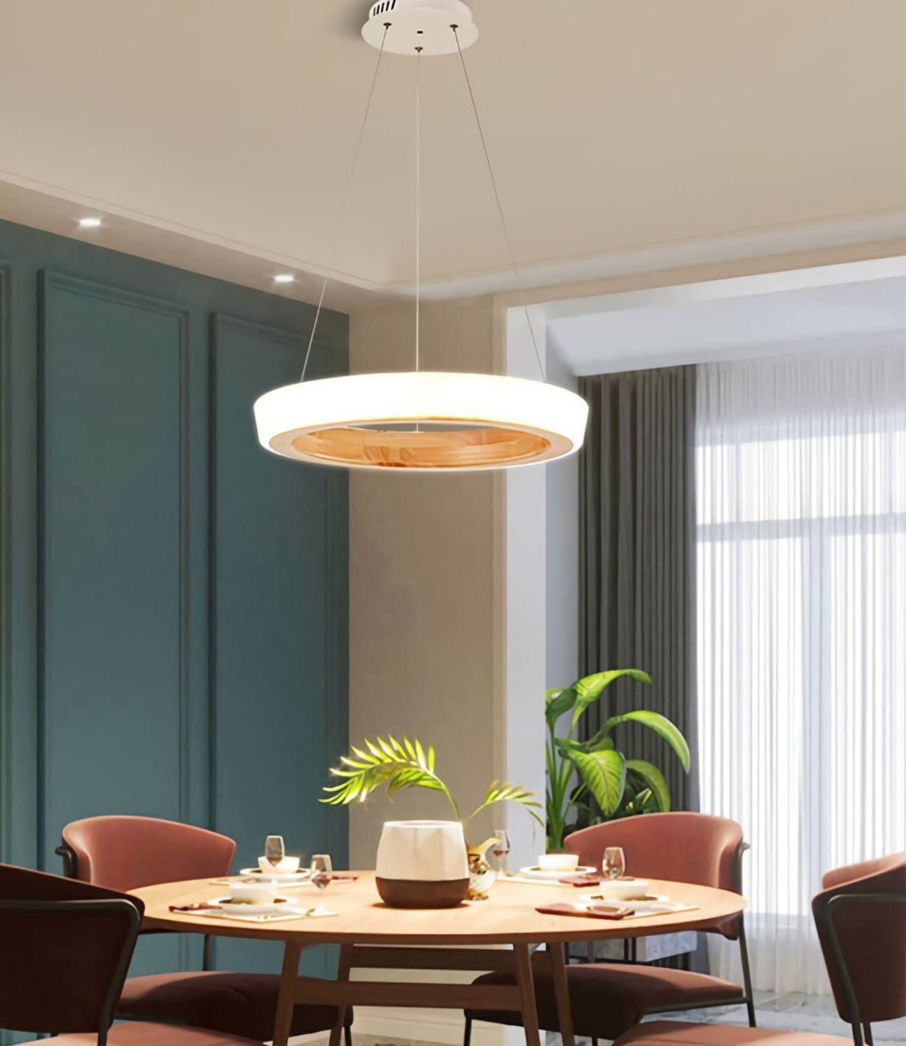 Bellastein Modern LED Pendant Lamp Dimmable Pendant Lamp Dining Table LED Pendant Lamp Wood Dining Room Pendant Lamp Kitchen Height Adjustable Chandelier for Living Room Office Pendant Lamp (D)