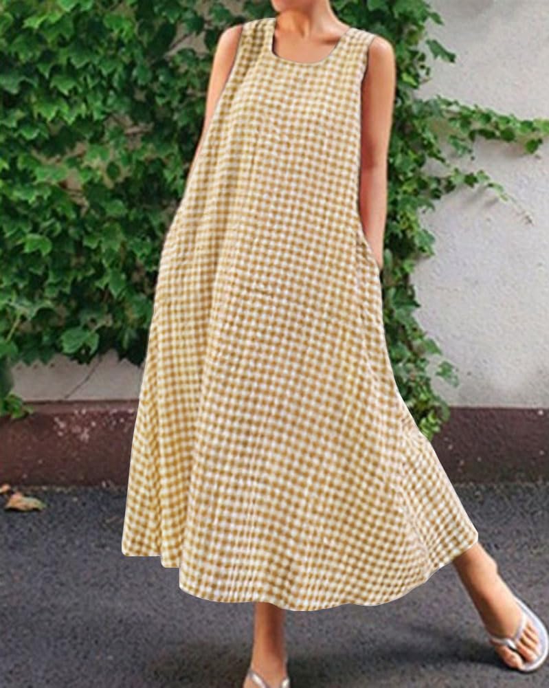 chouyatou Women's Summer Casual Loose-Fit Cotton Plaid Tank Maxi Dress with Pockets Boho Beach Sundress - Image 2