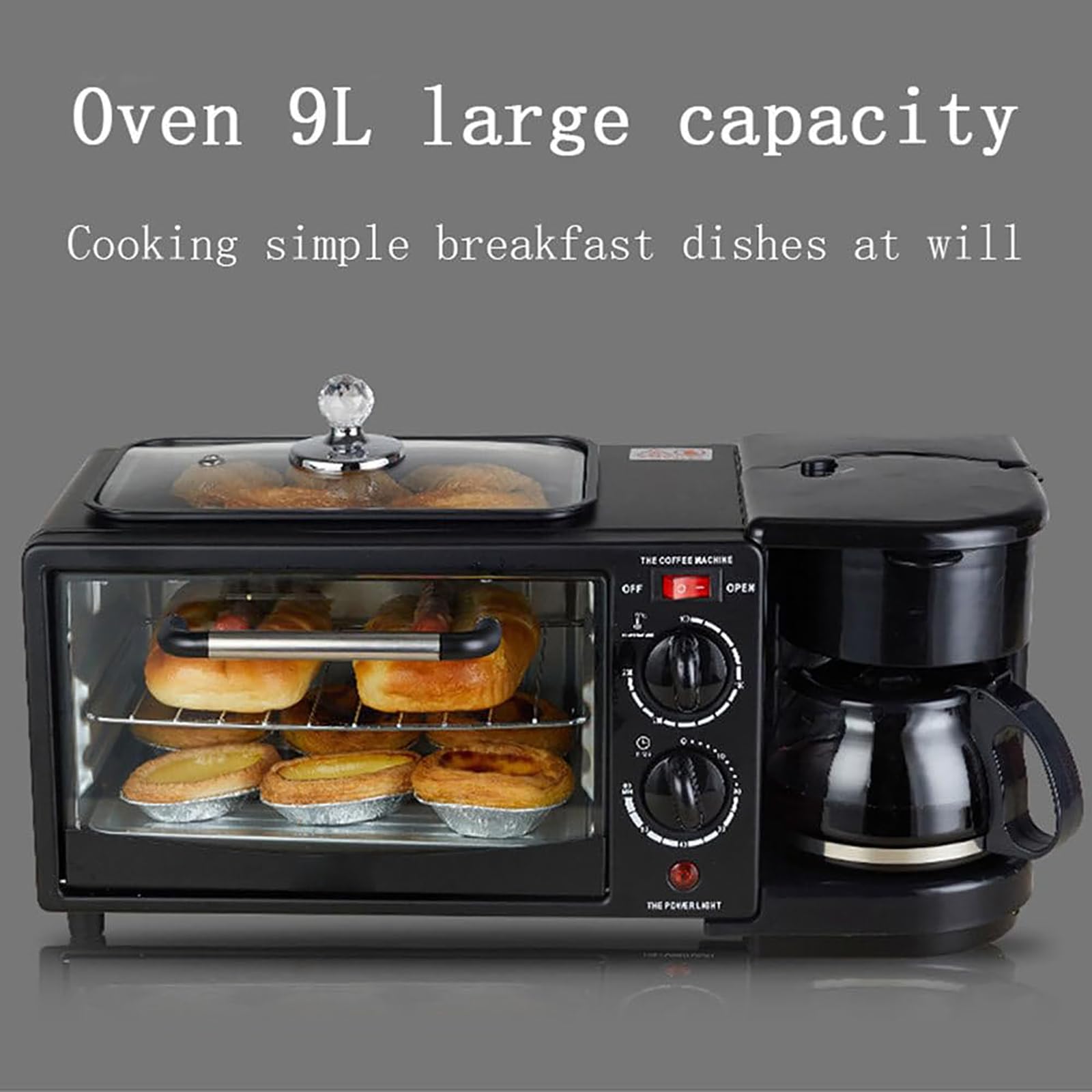 Stazione per la colazione 3 in 1, macchina per la colazione portatile, con padella antiaderente + macchina per il caffè da 400 ml, controllo della temperatura 100-230 °C + temporizzazione di 30 minu