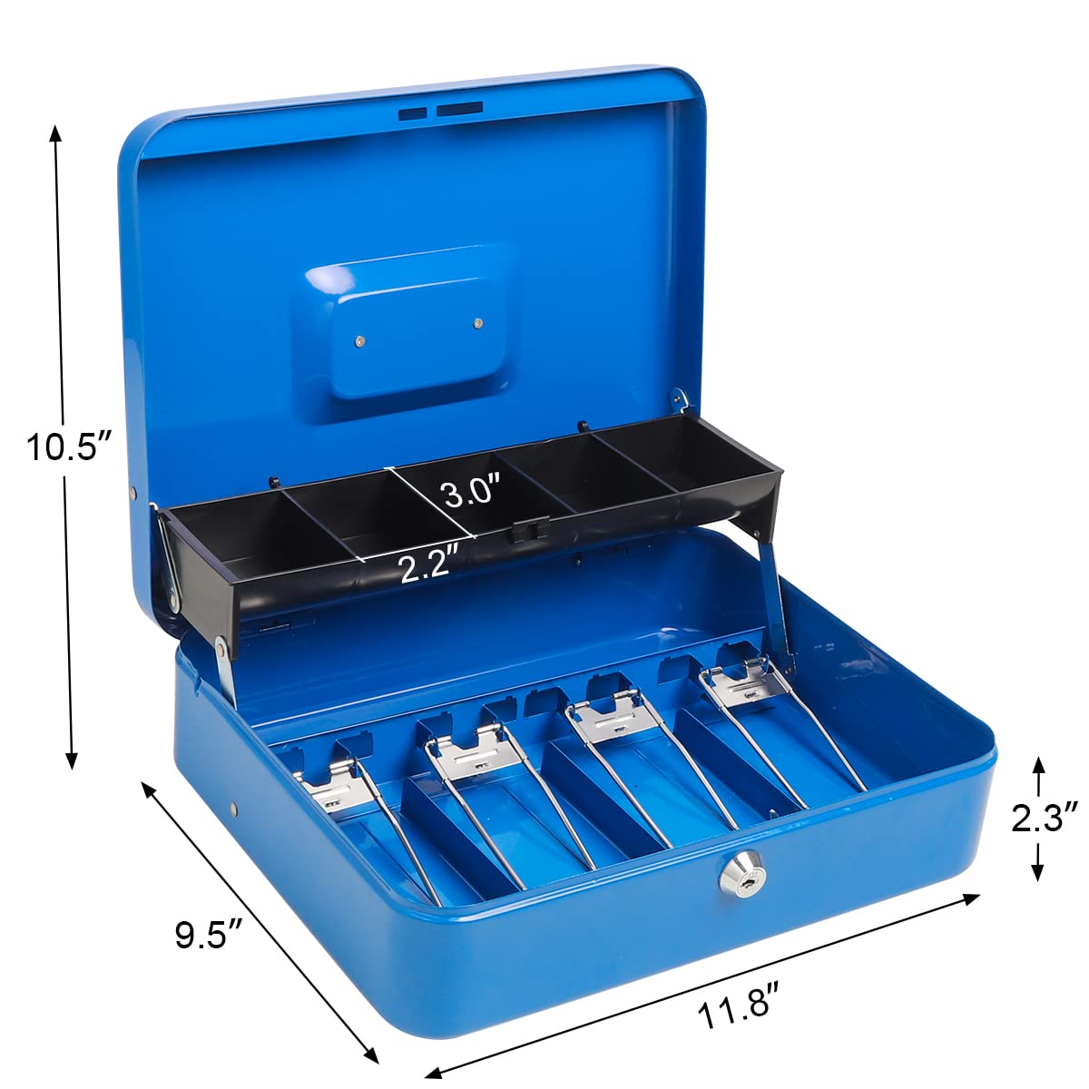 Caisse à monnaie en métal durable avec serrure à clé, avec bac à billets, boîte de rangement sécurisée avec câble de sécurité, bleu