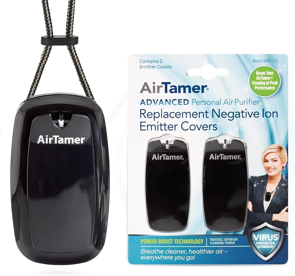 AirTamer A315 Rechargeable Portable Air Negative Ion Generator + Replacement Negative Ion Emitter Covers (2-Pack) | Advanced Personal Air Purification with Leather Travel Case | Proven Performance, Bl