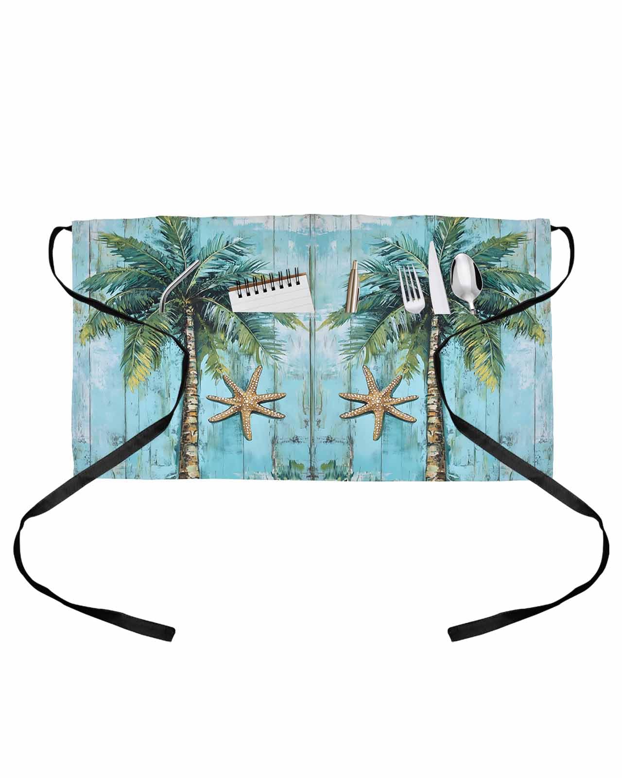 PIEPLE Coastal Blue Green Server Apron Waitress Aprons with 3 Pockets, Ocean Beach Tropical Plant Starfish Half Waist Waiter Aprons Restaurant Chef Aprons for Women Men