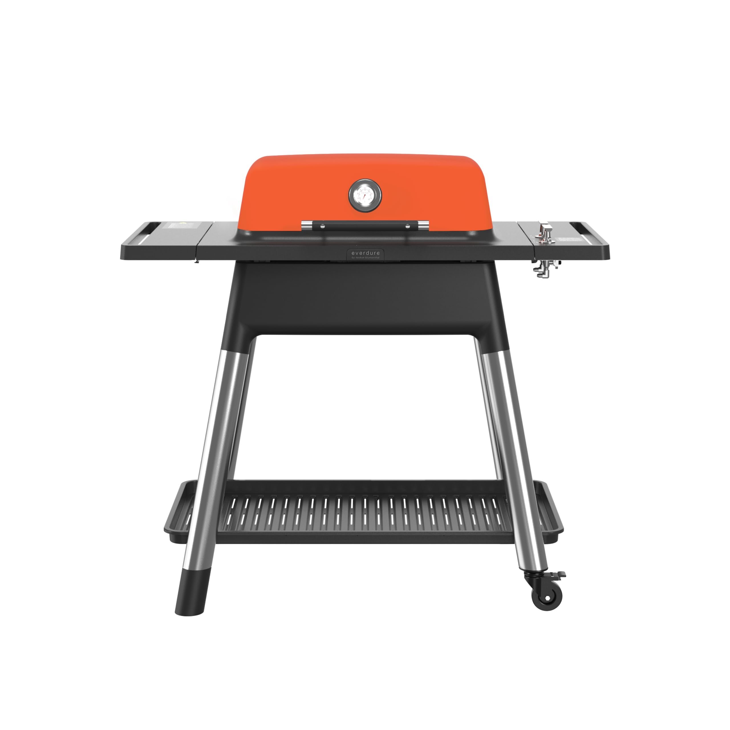 Everdure Orange By Heston Blumenthal Force 2 Burner Gas Bbq – Premium Outdoor Gas Barbecue With Fast Ignition, Cast Iron Grill Plates, High Hood Convection Cooking & Temperature Gauge – Garden Bbq In