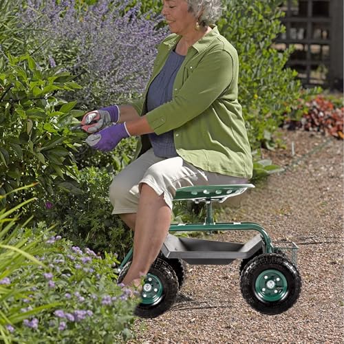 Kinsuite Garden Cart Rolling Work Seat Outdoor Utility Lawn Yard Patio Wagon Scooter for Planting Adjustable 360 Degree Swivel Seat Green