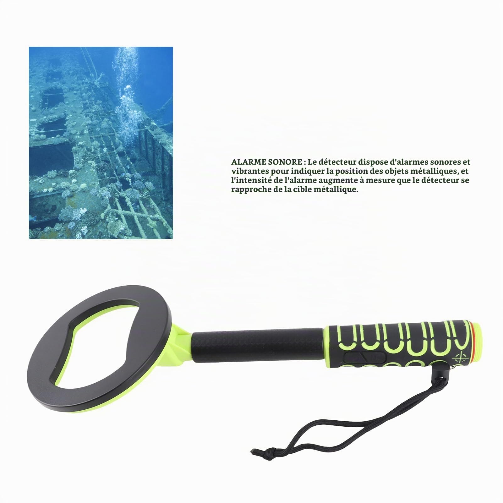 Détecteur de Métaux Portatif Rechargeable, Détecteur de Chasse au Trésor Sous-marin, étanche IP68, avec Alarmes Sonores et Vibrantes, pour la Plongée (vert)