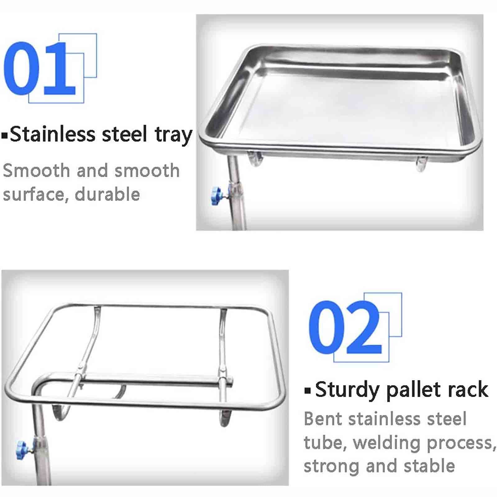 Carro quirúrgico, bandeja de acero inoxidable desmontable de altura ajustable con cubierta plana para instrumentos y suministros, equipo de transporte móvil