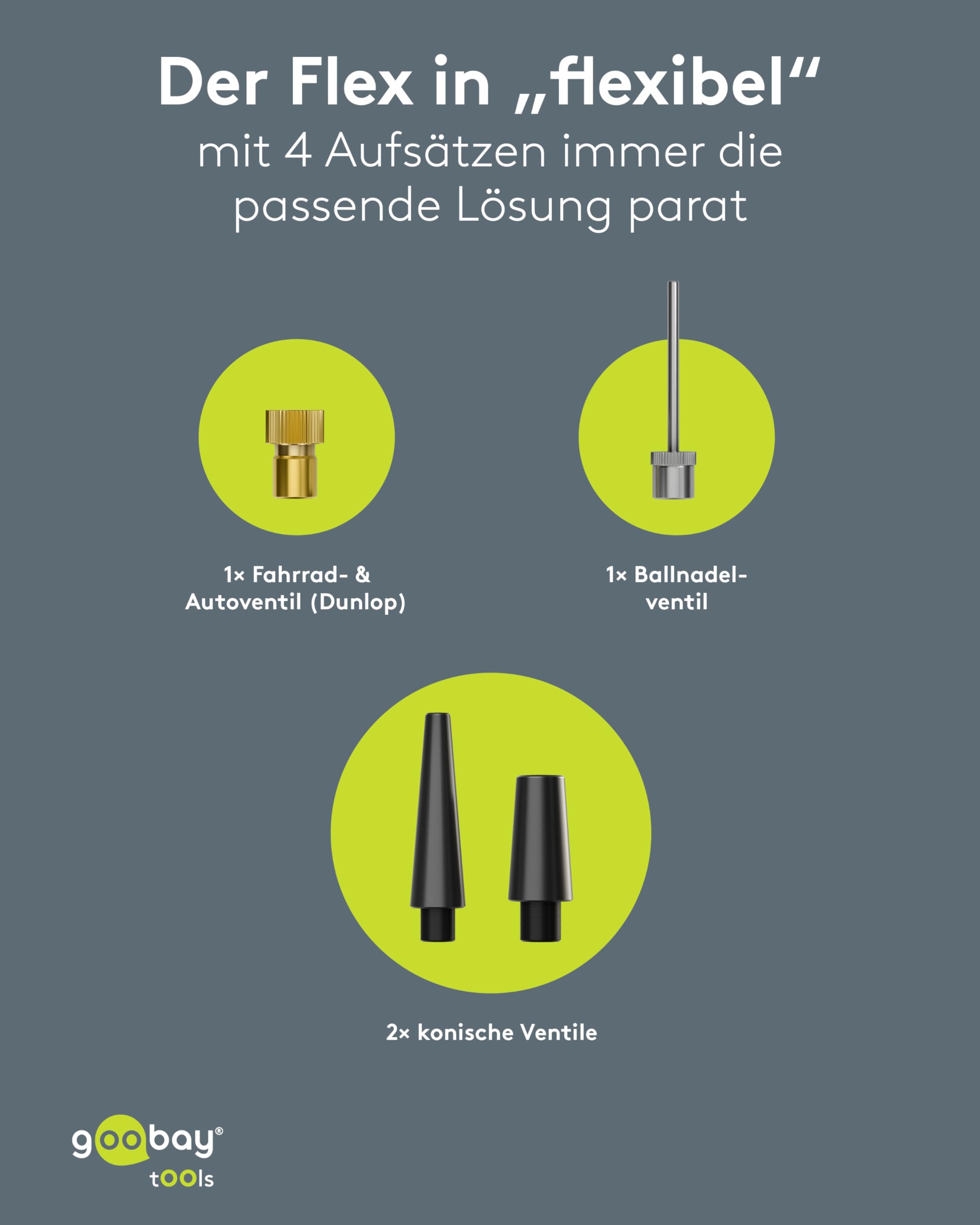 goobay -Kabellose, elektrische Luftpumpe 10 bar/150 PSI - 2Ah Akku, 5V, mit LED-Licht, 4 Ventiladapter, LED-Display, Kompressor für Auto-, Motorrad-, Fahrradreifen und Bälle, USB-C Anschluss - 77827