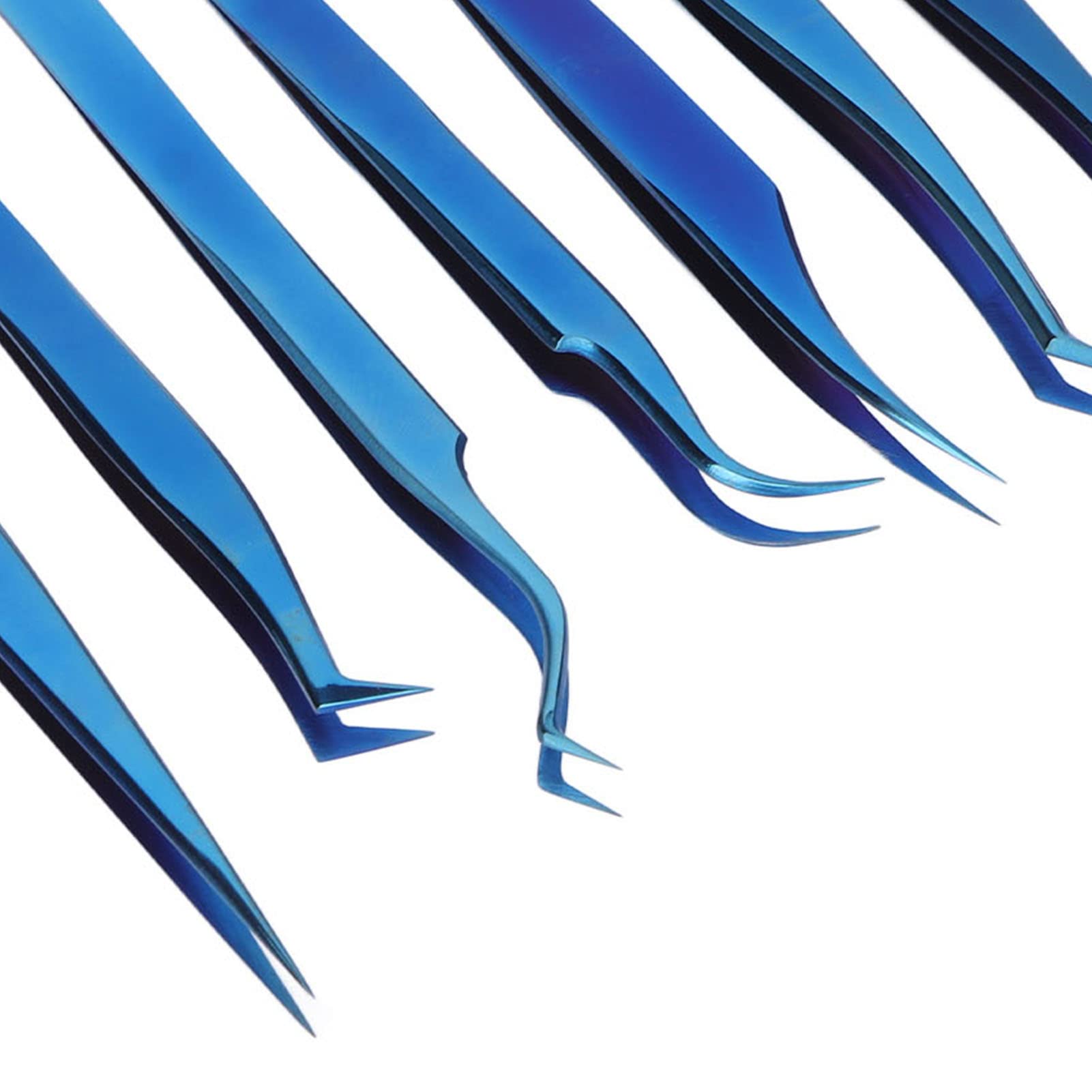 Juego de pinzas de extensión de pestañas, acero inoxidable profesional, titanio azul, 8 piezas, punta fina, diseño ergonómico para artistas de pestañas principiantes