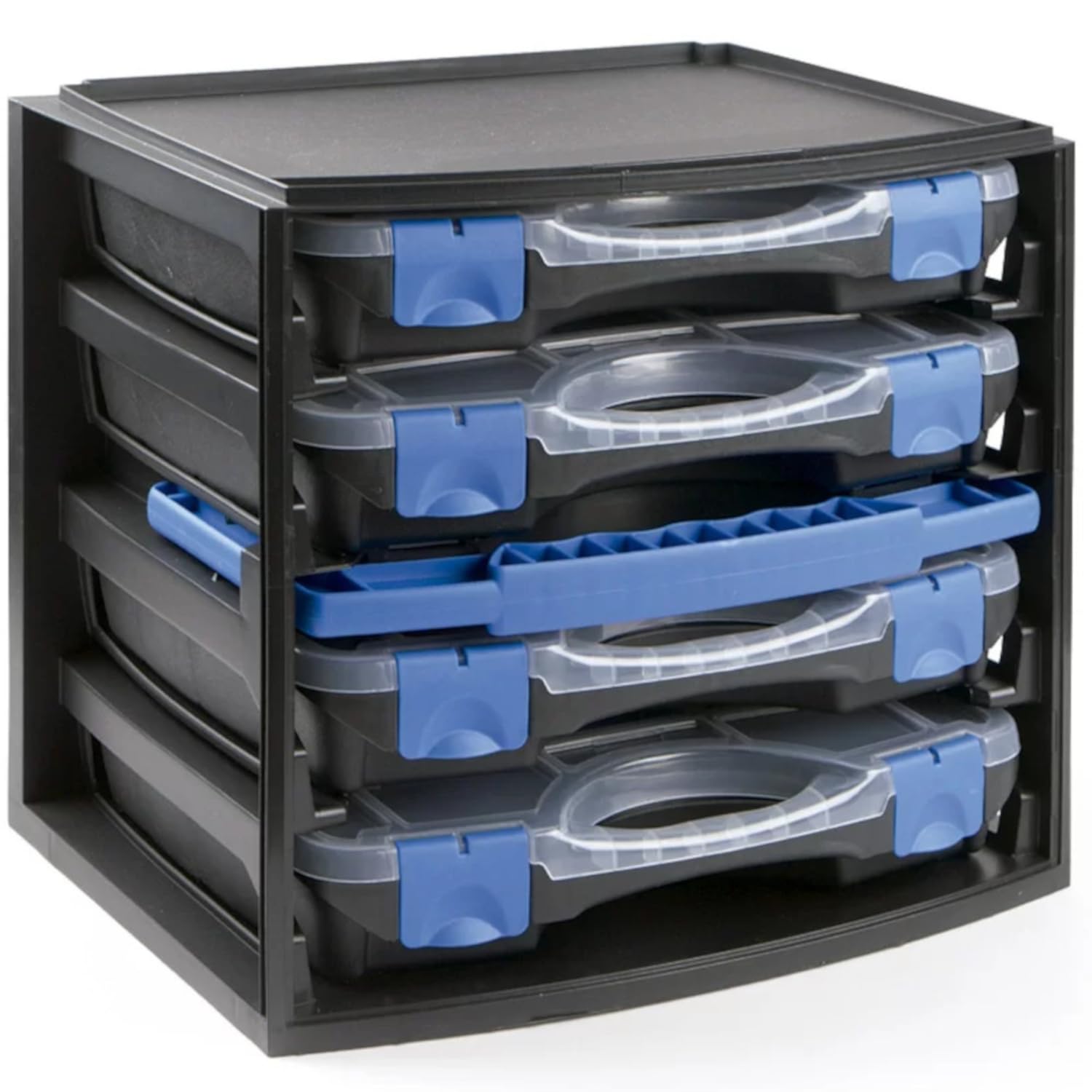 SIO Armario Organizador con 4 Estuches Portátiles - Caja de Herramientas con Compartimentos y Asa - Maletín Modular de Plástico para Tornillos, Piezas y Bricolaje Taller - Armario Clasificador Estuche