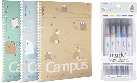 KOKUYO 3 Pack Spiral Notebook, Cute Campus B5 Subject Notebooks with Dotted Rule, 40 Sheets & Mark+ 2-Way Highlighter 5 Colors Set, Gray Type Dual Way with Gold, Gray Light Green, Navy, Red