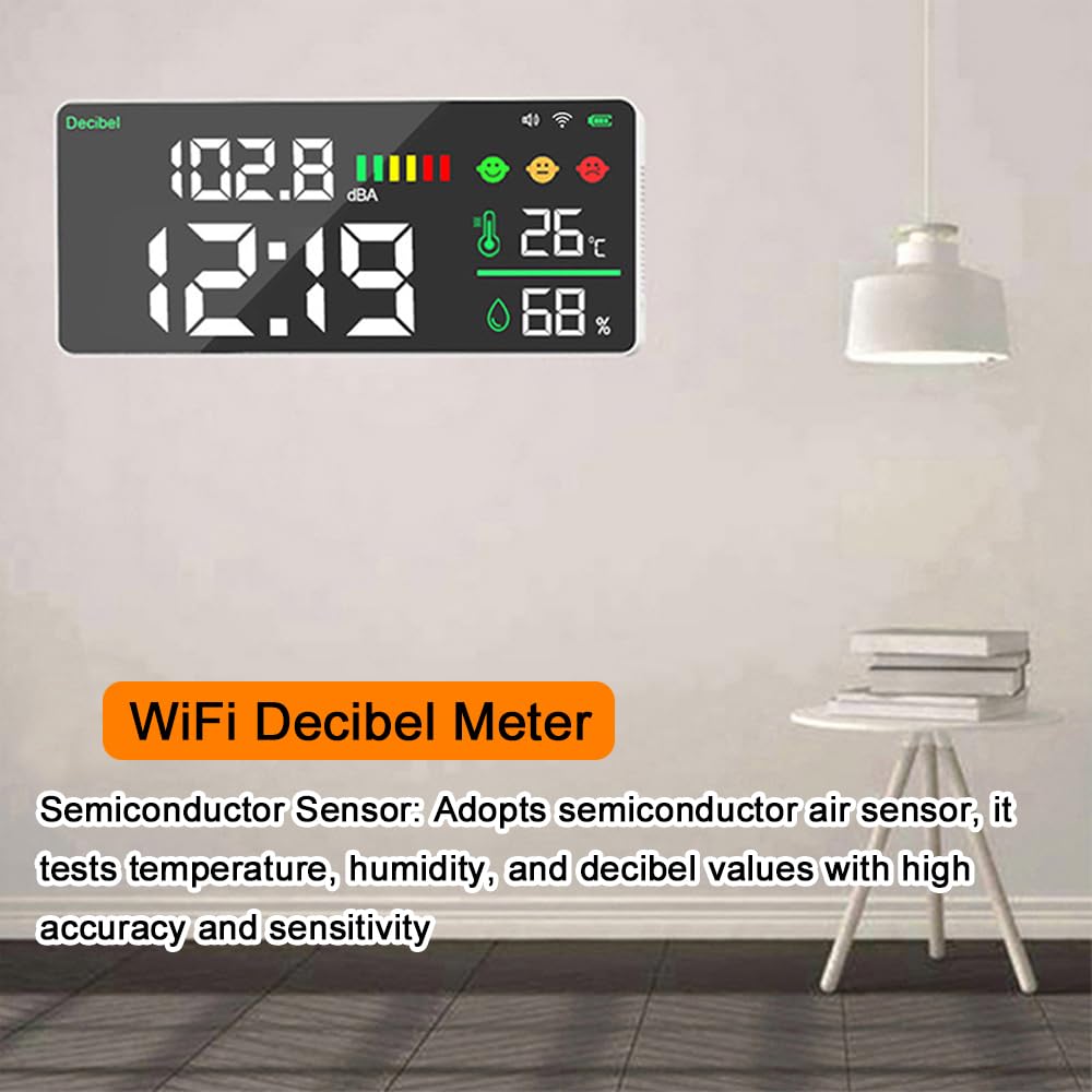 Décibelmètre Sonomètre WiFi 4 en 1, Test de bruit Température Humidité, Réveil, Écran LED 11 pouces
