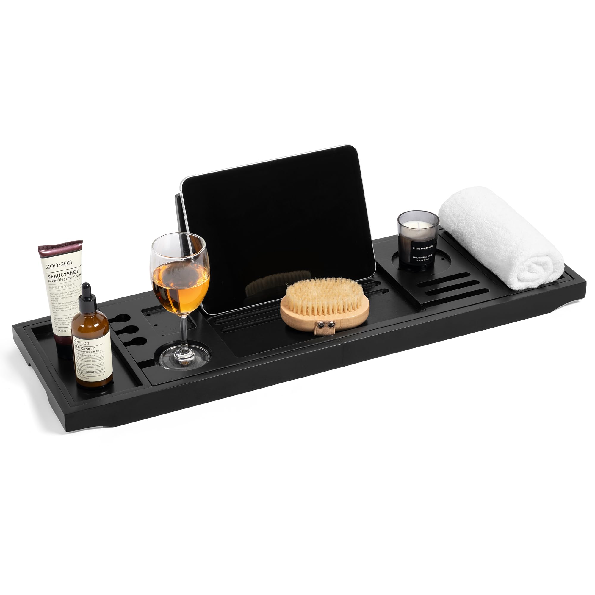 Teak Bathtub Tray Adjustable Black