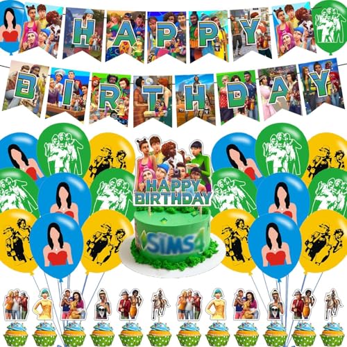 The Sims 4 Party Decorations,The Sims 4 Birthday Party Supplies Includes Banner- Cake Topper - 24 Cupcake Toppers - 18 Balloons