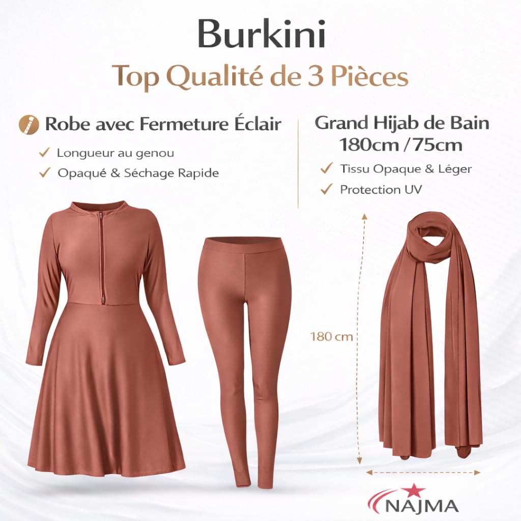NAJMA,Burkini,Burkini Femme avec Hijab – Maillot de Bain Modeste 3 Pièces – Grossesse, Allaitement & Standard