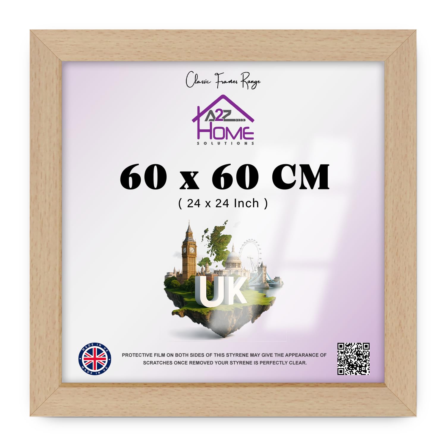 A2Z Home Solutions® Photo Poster Display Wall Hanging Beech Frame 60 x 60 cm For Print Picture With Clear Perspex 30x15mm Moulding Mounting Hooks MDF backboard