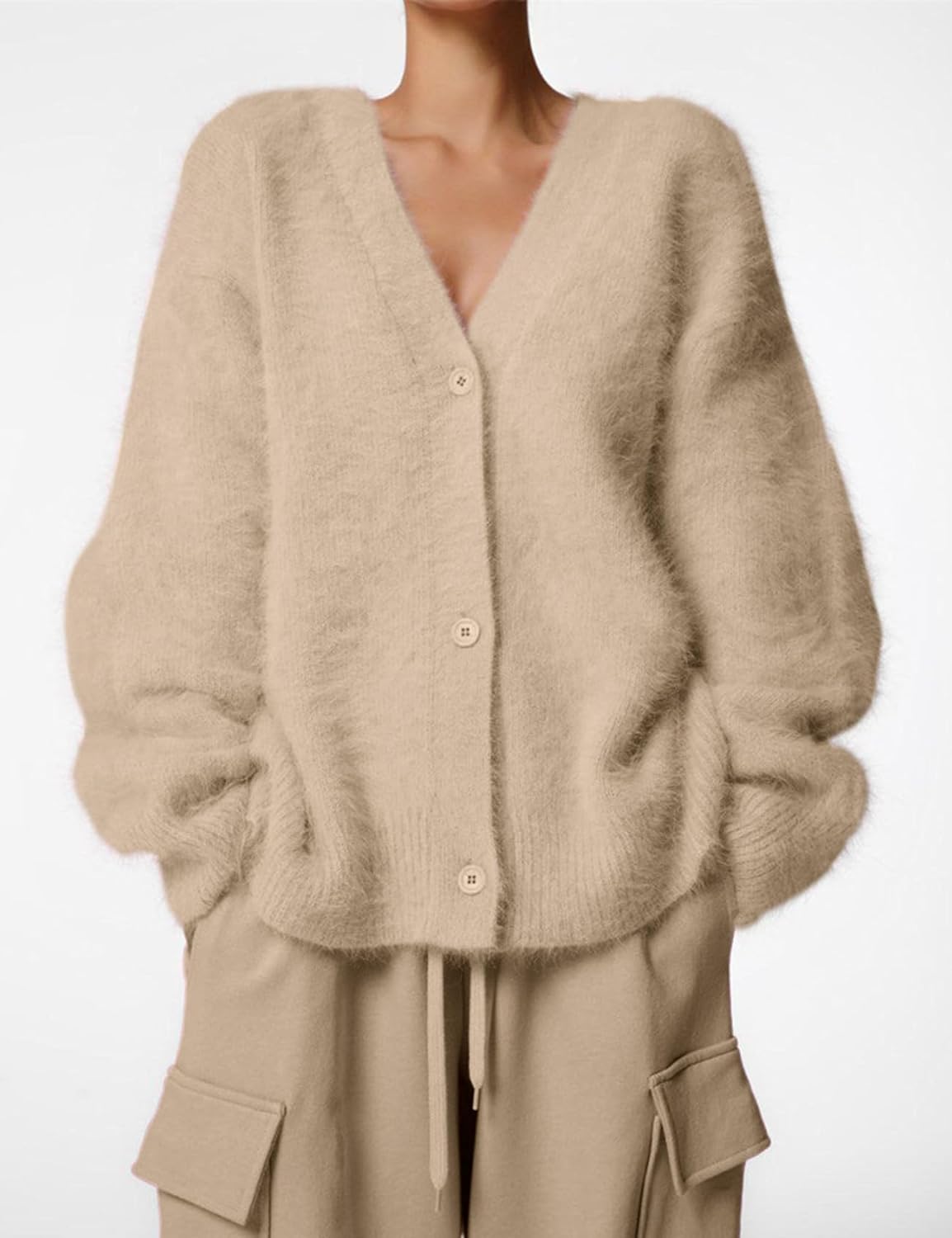 Yimoon Womens Fuzzy Cardigan Sweater V Neck Long Sleeve Button Down Slouchy Furry Knit Sweaters 2026 - Image 4