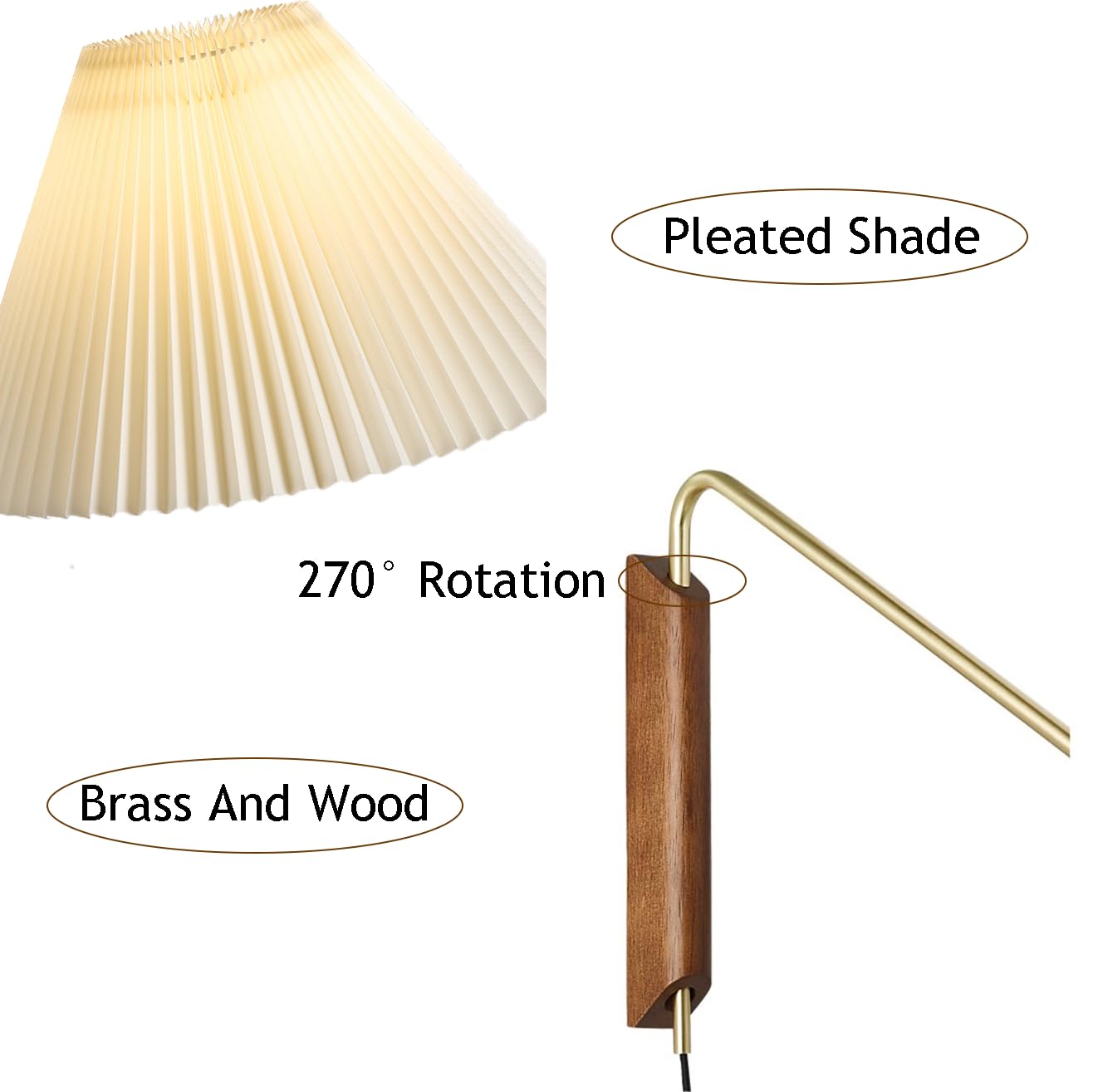 Generico Lampa ścienna z obrotowym ramieniem lampka do czytania z przewodem plisowany klosz Vintage drewniane regulowane mosiężne ramię do sypialni łóżko nocne salon