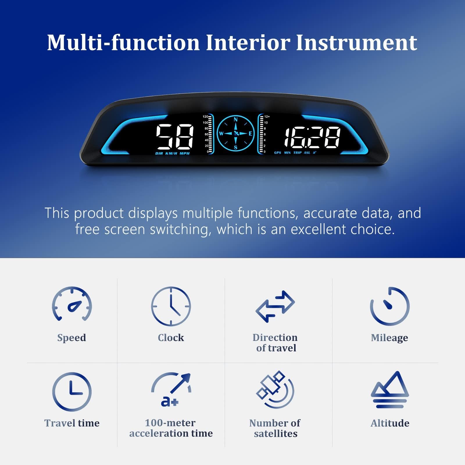 Tachimetro, Ricezione Segnali Satellitari, Visualizzazione Velocità e Altre Funzioni, Car Head Up Display, Applicabile a tutti i Veicoli