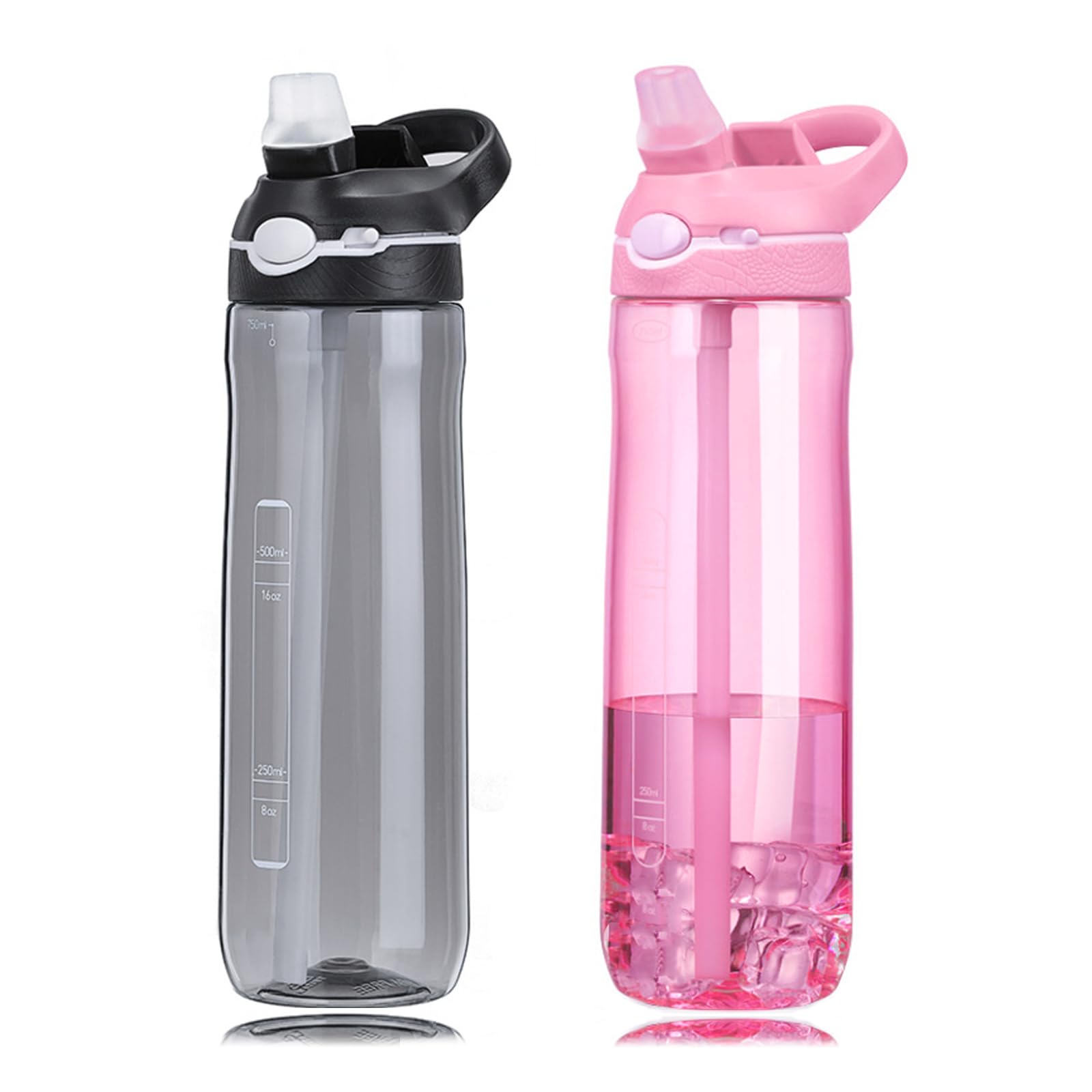 DEARART 2 Packs Black & Pink Water Bottles With Straw, 100% Leak Proof Has Handle Easy Carried Lockable Lid, For Travel Office Gym Home, 24oz (750ml)