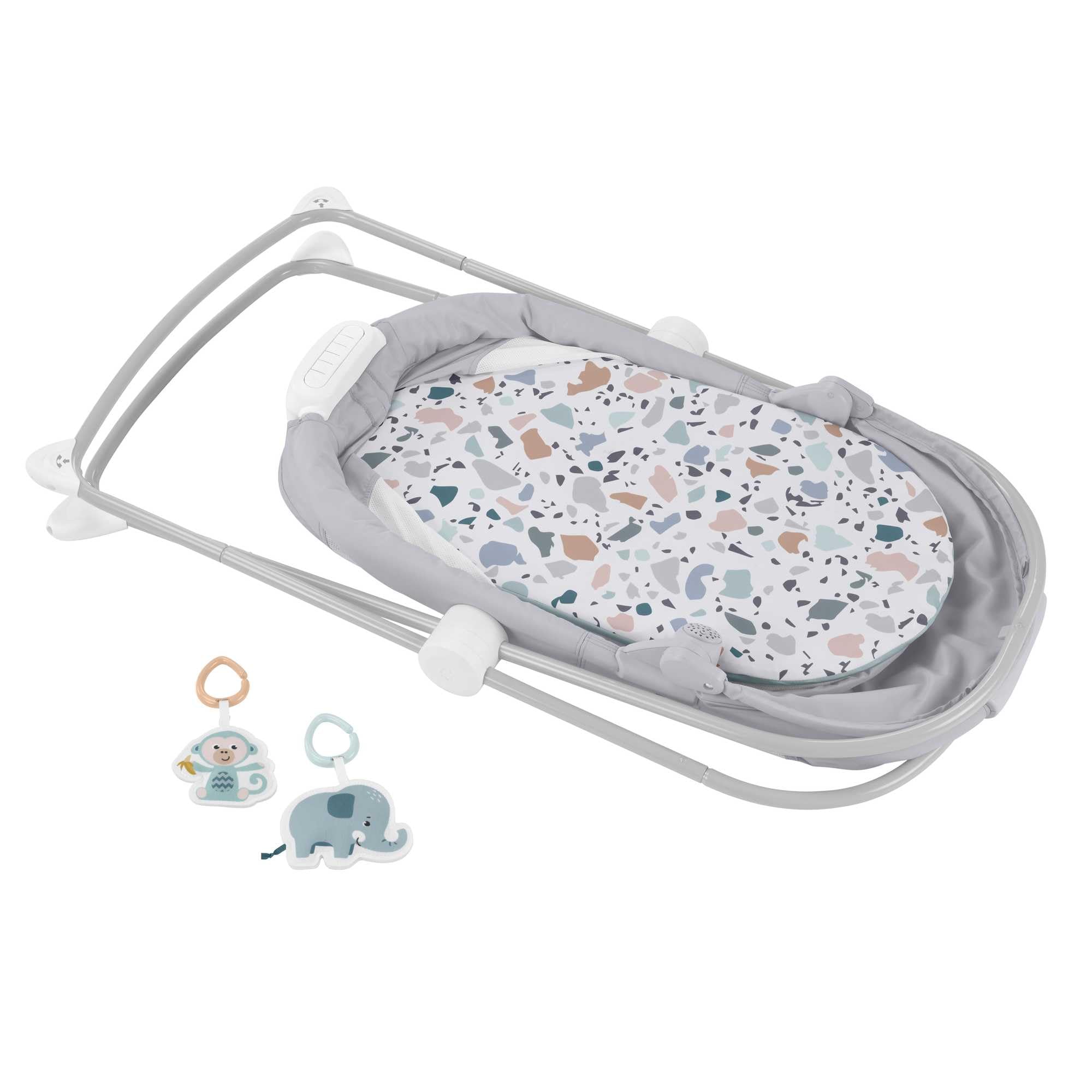 Fisher-Price Składane łóżeczko „Spokojne sny” z projekcją i daszkiem oraz pastelowym wzorem kamienistej plaży, przenośne łóżeczko z projekcją świetlną dla noworodków i niemowląt, GWD36