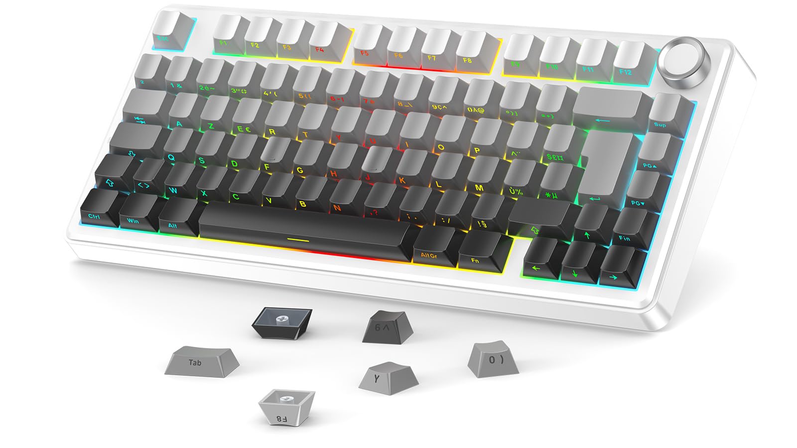OMOTON Capuchons de Touches en Français, Cherry Profil 127 Touches PBT avec extracteur de Touches, Gravur Latéral pour MX Switch 61/68/84/87/96/108 ANSI/ISO Layout claviers mécaniques - Dégradé Gris