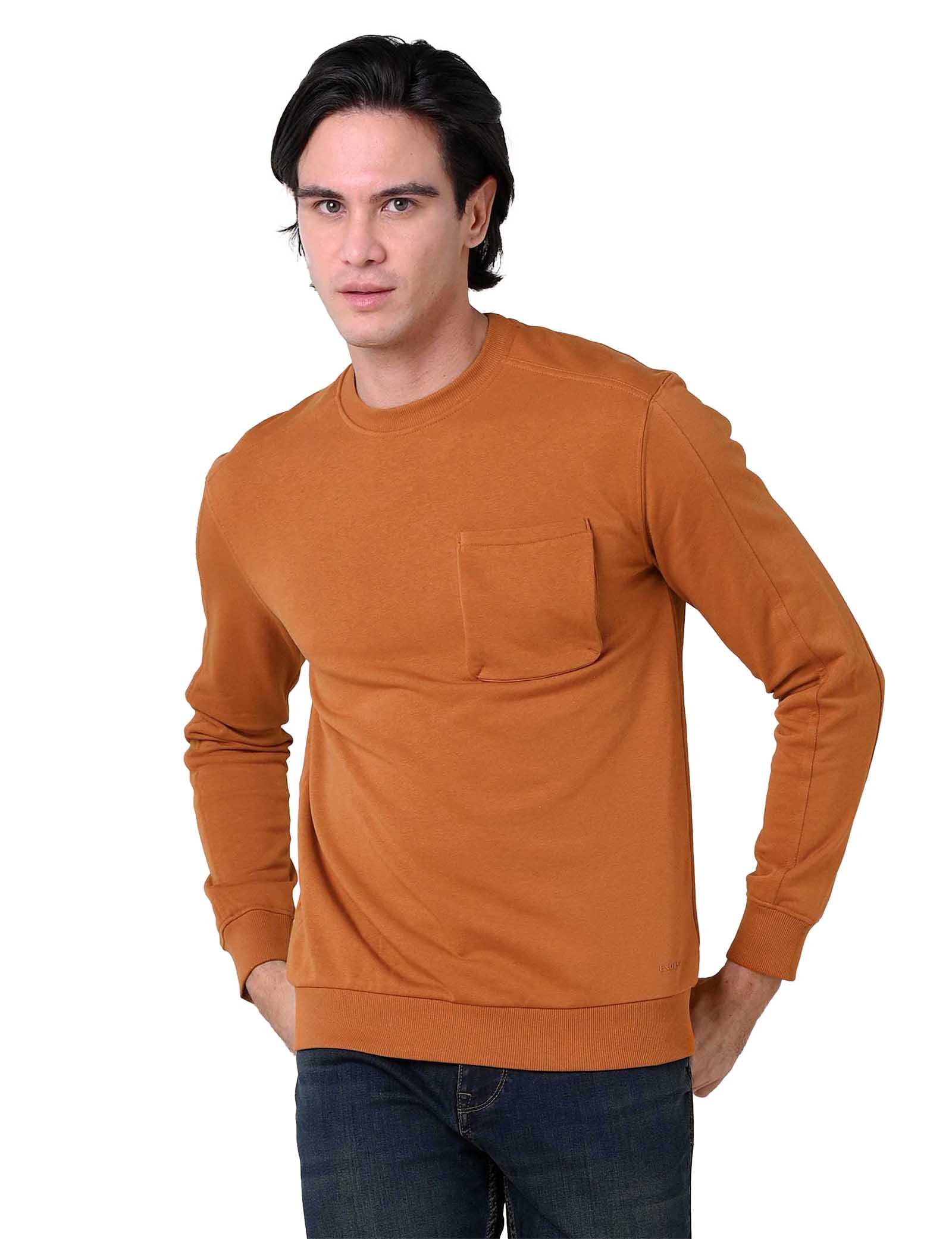 Enorsia Mens Long Sleeve Front Pocket Sweatshirt - Ribbed Crew Neck, Soft Cotton Fabric, Classic Fit, Versatile Solid Color for Any Outfit (Orange, XL)
