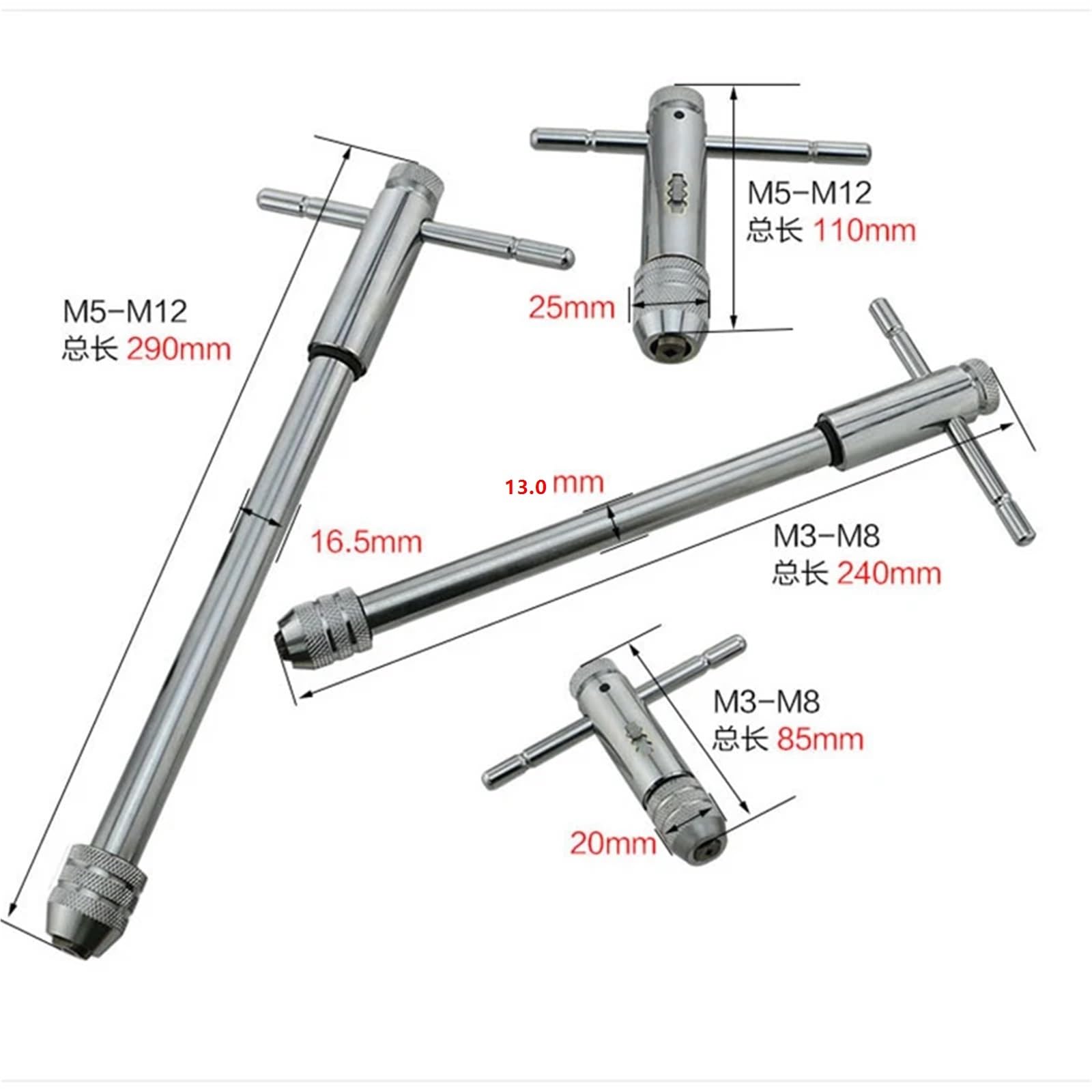 4 Uds M3-8 M5-12 llave de trinquete con mango en T, soporte for tornillo rosca macho ajustable, enchufe métrico, herramientas taller mecánico, herramienta manual Para Bricolaje