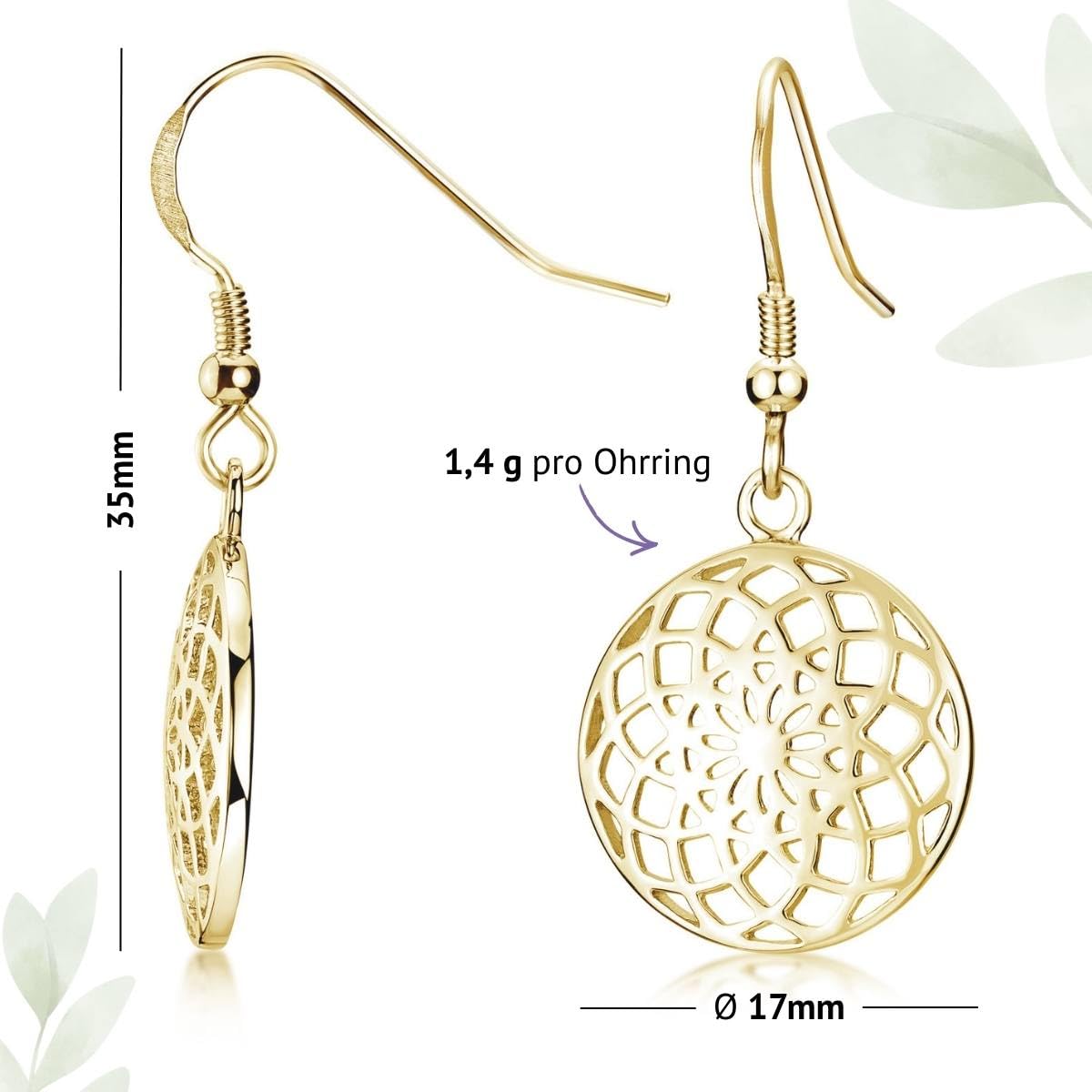 MATERIA Damen Ohrringe Blume hängend rund - 925 Silber Ohrhänger Mandala rhodiniert, rosegold oder gold vergoldet