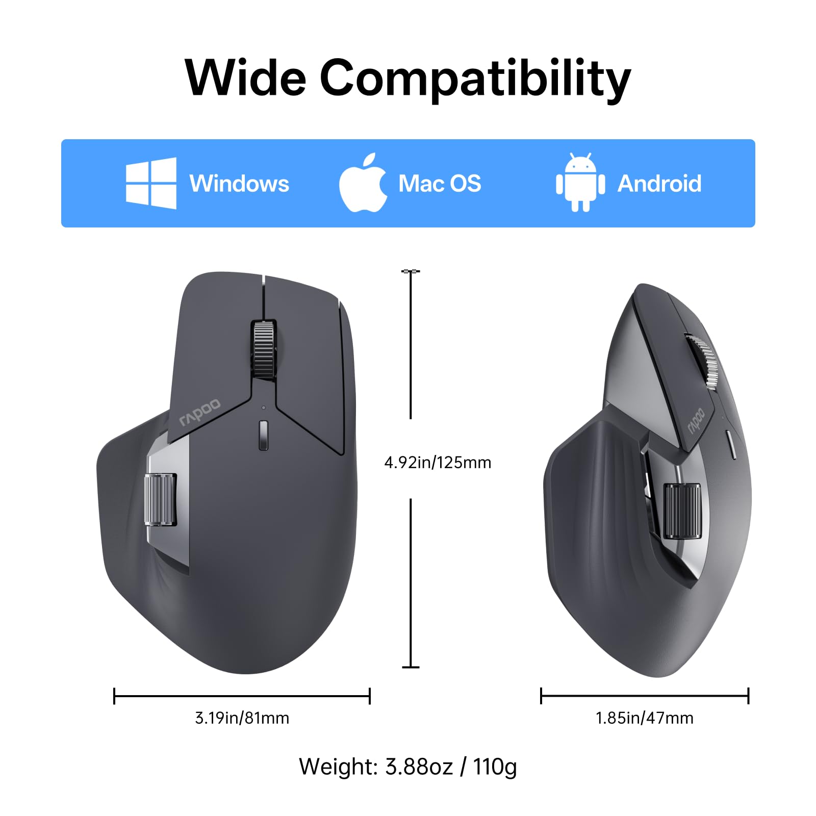 Rapoo MT760 PRO Wireless Mouse, NearLink + Bluetooth 5.0 Multi-Device, 12K DPI, 2K Polling, Ergo for Work & Gaming, 11 Programmable Buttons, On-Board Memory, Quiet Clicks, USB-C, 120 Days Battery Life