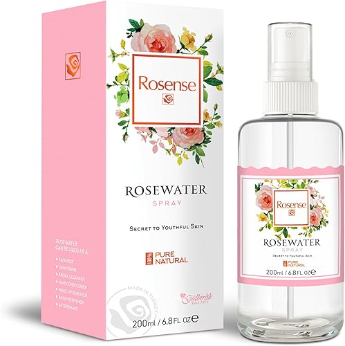 Rosense Botella de cristal Agua de rosa hidratante Tónico/niebla facial de la cara del agua de Rose 6,8 onzas