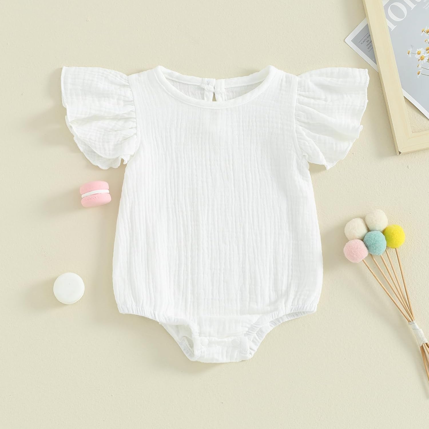Newborn Infant Baby Girl Fly Sleeve Solid Ruffle Romper Bubble Bodysuit Jumpsuit Casual Clothes One Piece Outfit - Image 2