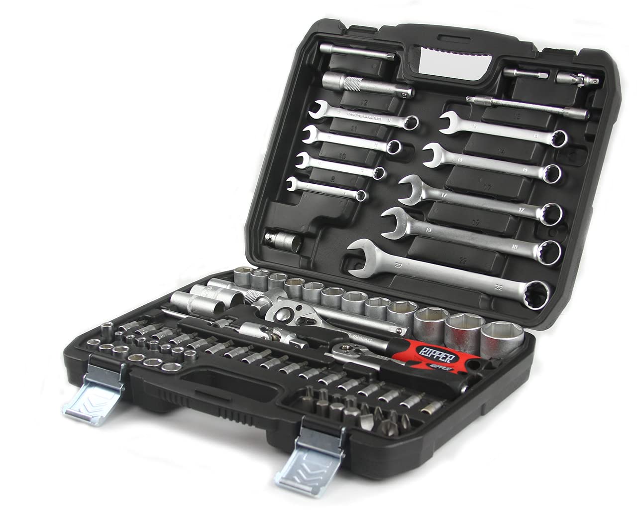 Set kit chiavi a cricchetto bussole valigia utensili 82 pz inserti per officina Bussole inserti 1/4" 1/2"