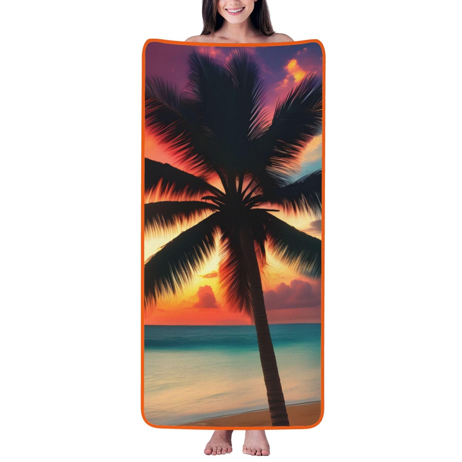Nimongt Unisex Orange Tropical Beach Palm Tree Sunset Print Lightweight Comfort Coral Velvet Bath Towel Home Bathroom Hotel Spa Beach Travel