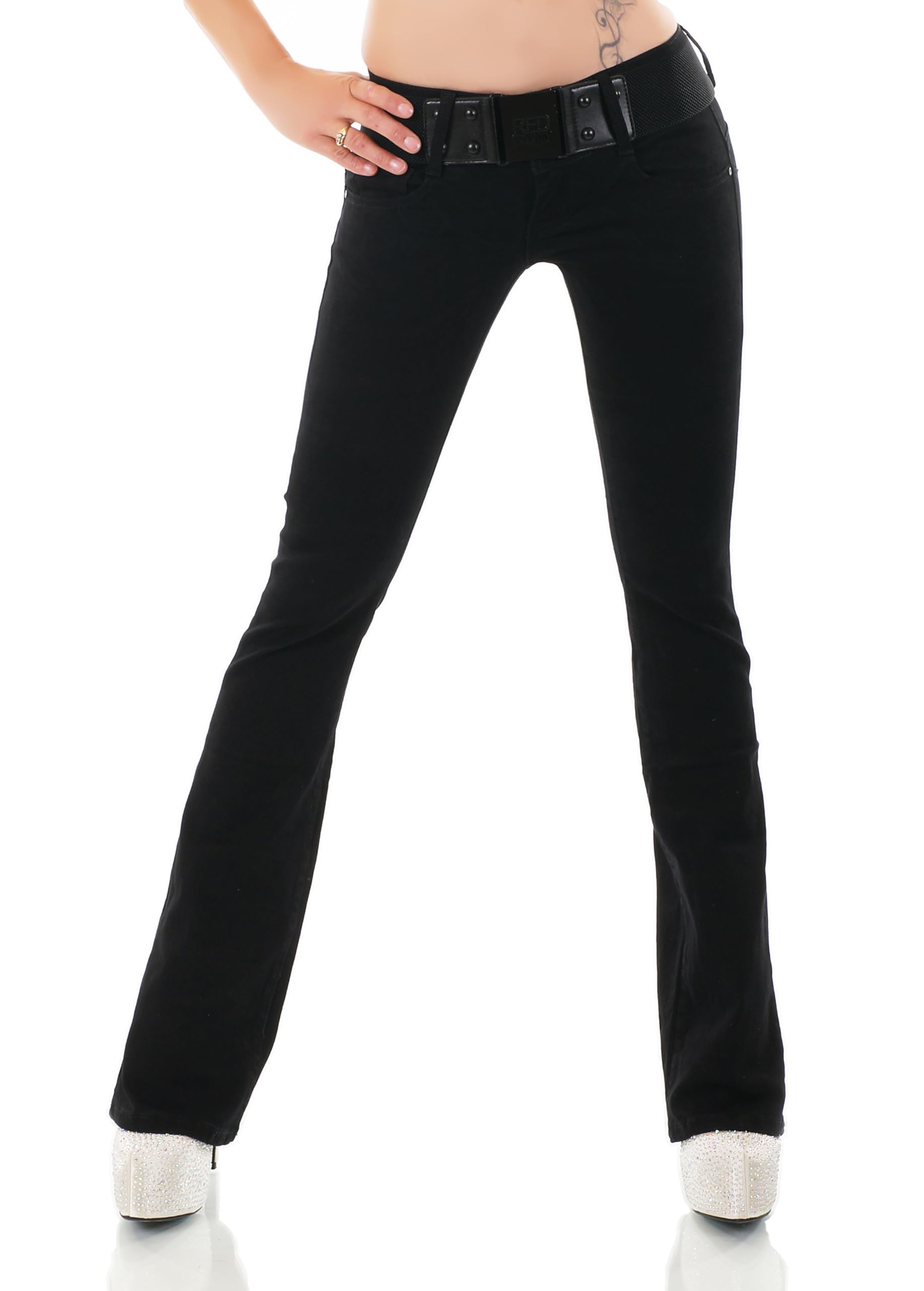 Damen Bootcut Jeans Hose Schlag Schlaghose Denim Stretch Gürtel XS-XL