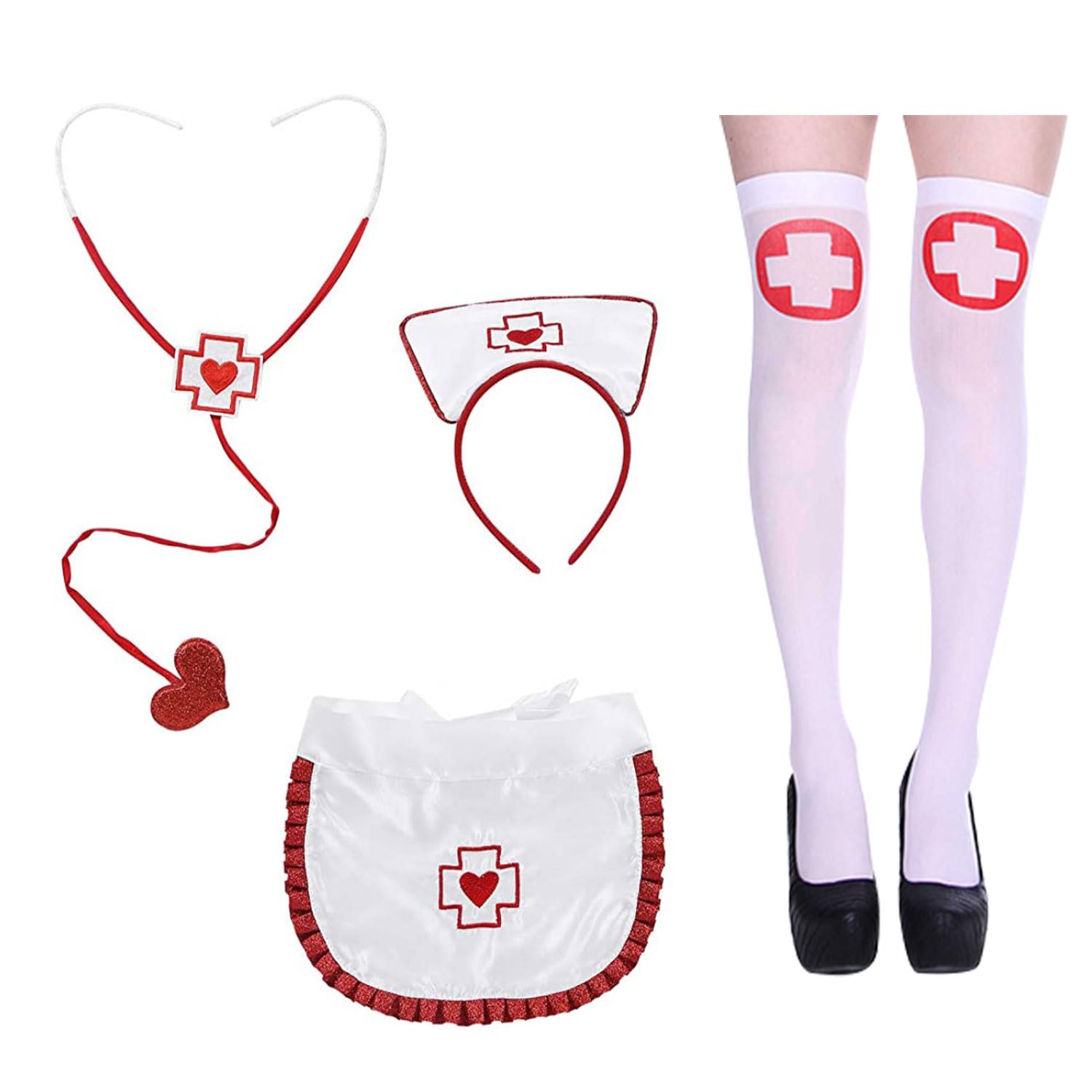 HAICN 4Pieces Halloween Nurse Costume Set Nurse Headband Apron Stethoscope with Stockings Fashion Naughty Nurses Role Play Costume Outfit for Women Halloween Accessory Valentines