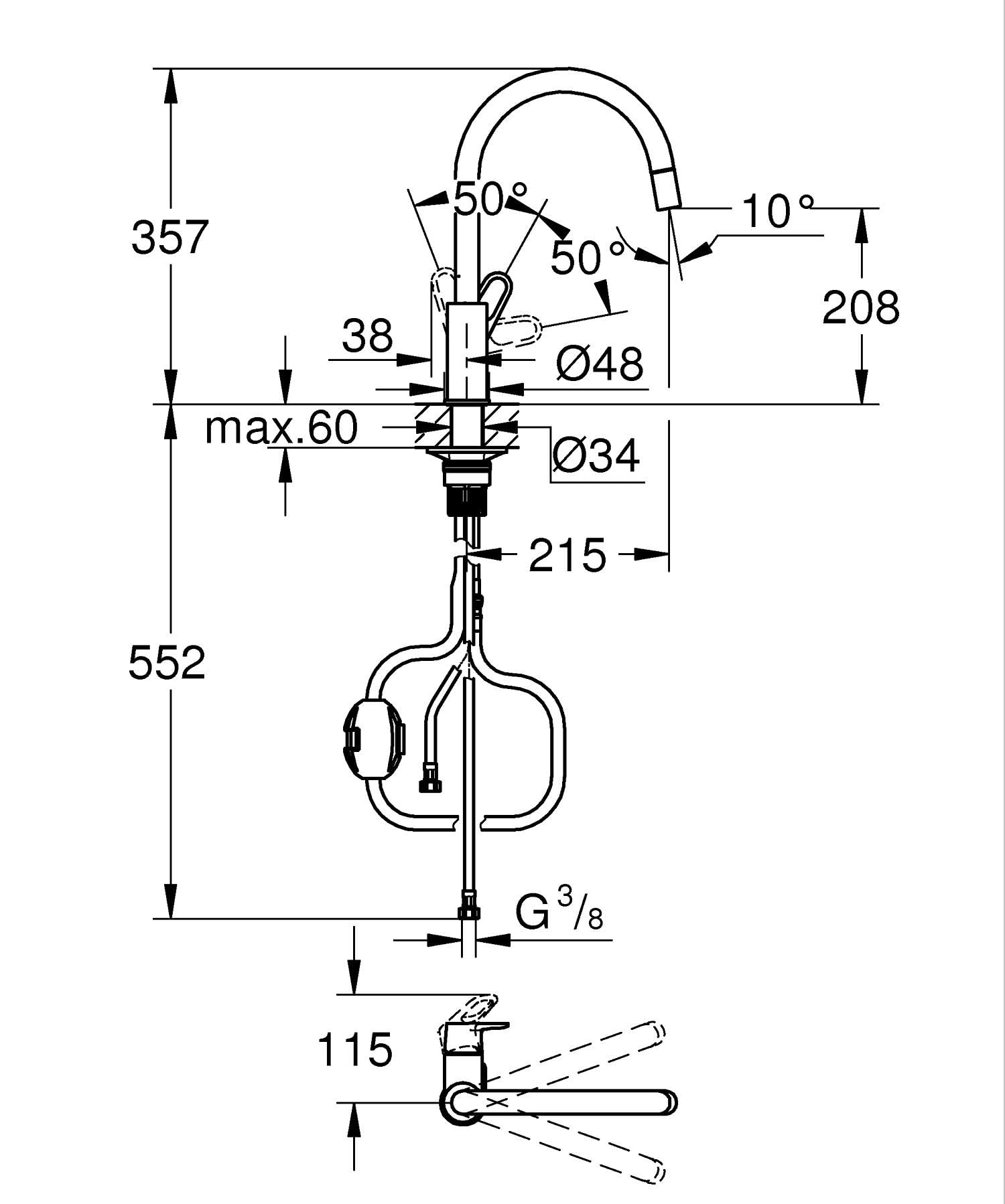 GROHE Start Flow Robinet de Cuisine, Mitigeur Monocommande Evier, Mousseur Extractible, Bec Haut, Zone de Rotation 360°, Chromé, 30569000
