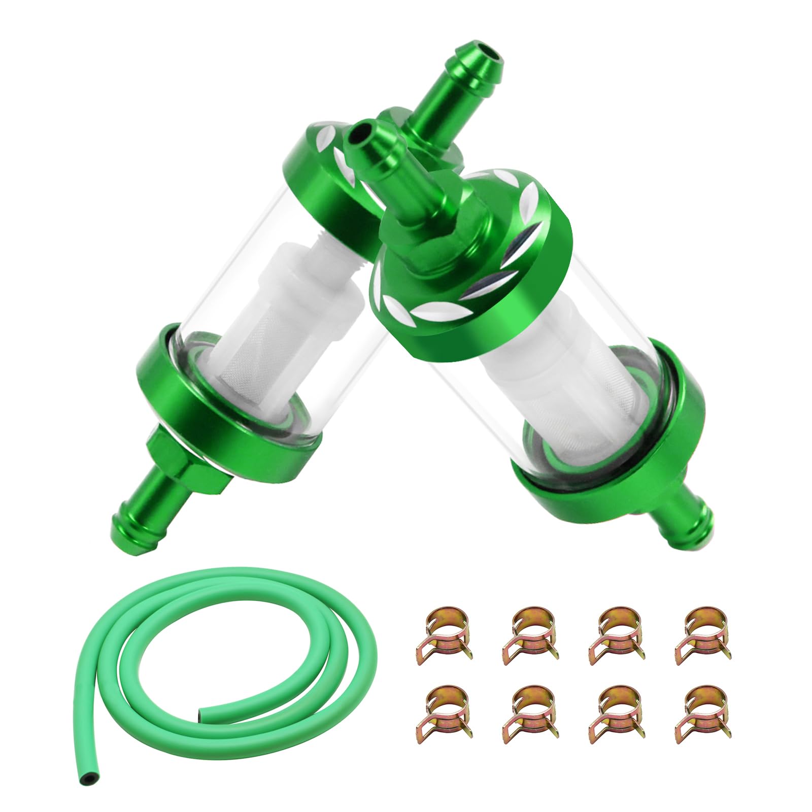 ZSDTRP 2PCS 5/16 inch Inline Fuel Filters & 1/4" Fuel Line Hose with 8PCS Hose Clamps Universal Billet Aluminum Metal Glass Fuel Filter Inlet/Outlet Fuel Filter Clear View Fuel Pump Filter (Green)