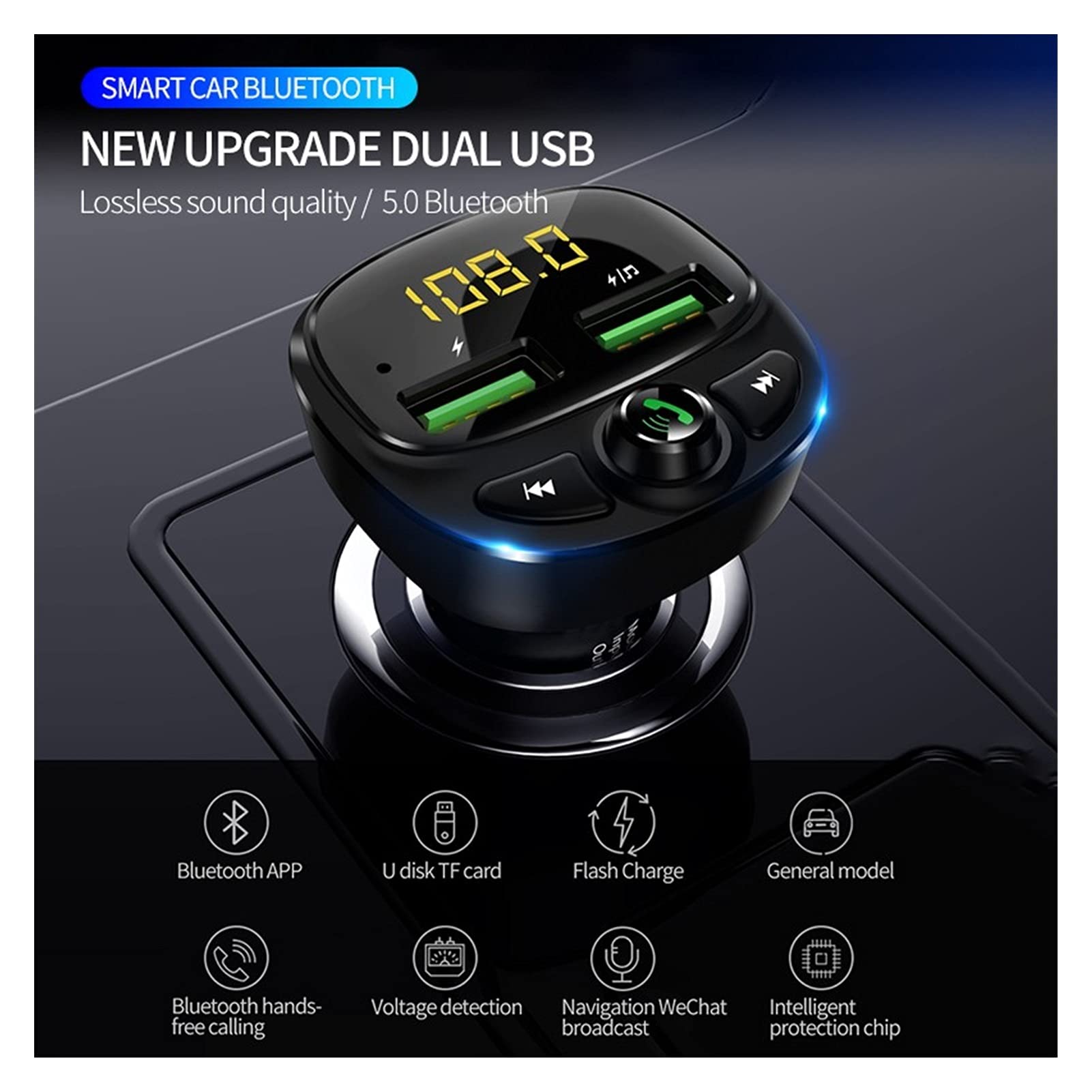 Adattatore Audio Bluetooth. USB Caricabatteria da Auto for Telefono Bluetooth Wireless FM. Trasmettitore MP3. Player Dual. USB Caricabatterie TF. Kit for Auto for la Musica